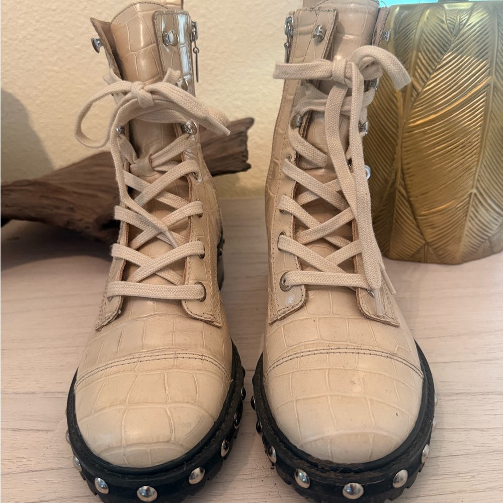 SCHUTZ Cream Croc-Embossed Combat Boots with stud detail - Picture 5 of 9